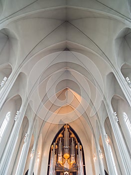 Interior of modern Hallgrimskirkja church, Reykjavik, Iceland