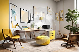 Interior of a modern home office featuring graphics, a desk, a sofa, and a yellow pouf generated ai