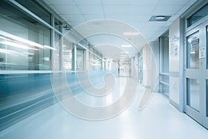 Interior of a modern hospital corridor with motion blur. Intentional motion blur, AI Generated