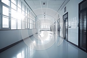interior of a modern hospital corridor with white walls and glass doors. Generative AI