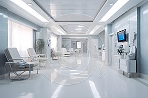 Interior of modern hospital hallway, nurses' station and other facilities, hygiene workplace,