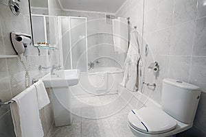 Interior of a modern hotel bathroom.