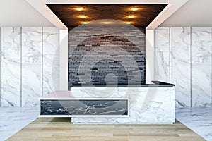 Interior of modern hotel lobby area and reception desk