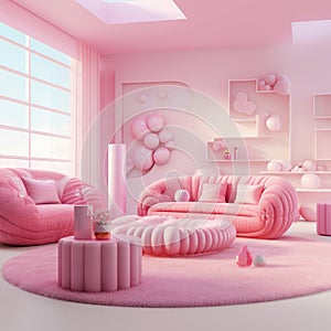 Interior of modern house designed with pink color, barbie concept