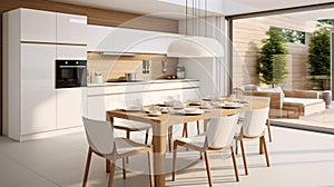 Interior of modern house kitchen and dining room white ceramic table, wooden appliances, sink. ai