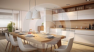 Interior of modern house kitchen and dining room white ceramic table, wooden appliances, sink. ai