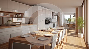 Interior of modern house kitchen and dining room white ceramic table, wooden appliances, sink. ai