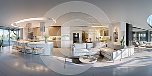 Interior of modern house, living room and dining room, kitchen panorama