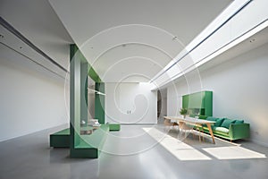 interior of modern house, living room with green walls and white floor. generative ai