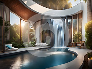 interior modern house with swimming pool and big window. 3d illustration