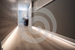 Interior of a modern house, wide corridor with a wooden floor. LED baseboard, light molding, luxury design.