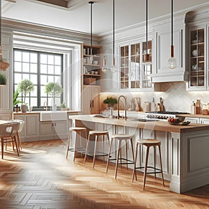 Interior of modern kitchen with beige walls, wooden floor, white cupboards and wooden countertops