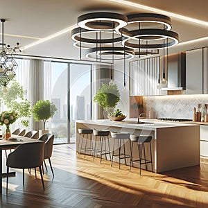 Interior of modern kitchen with beige walls, wooden floor, white cupboards and wooden countertops