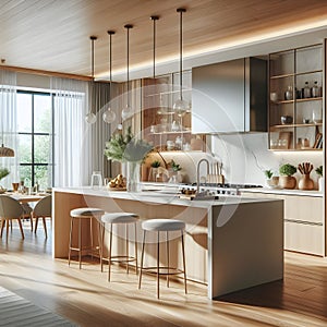 Interior of modern kitchen with beige walls, wooden floor, white cupboards and wooden countertops