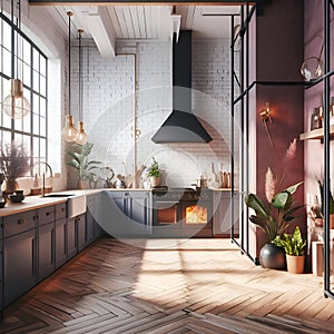Interior of modern kitchen with black and white brick walls, wooden floor, gray countertops, dark wooden cupboards.