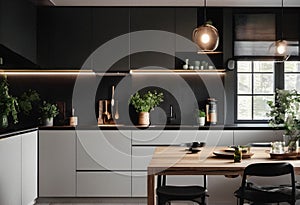 interior of modern kitchen with black and white walls, concrete floor, dark wooden countertops and black cupboards.