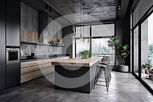 Interior of modern kitchen with black and wooden walls, concrete floor, gray countertops and bar with stools