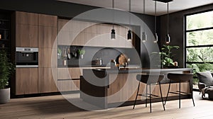 Interior of modern kitchen with black and wooden walls, floor, dark wooden countertops and wooden cupboards. Scandinavian style