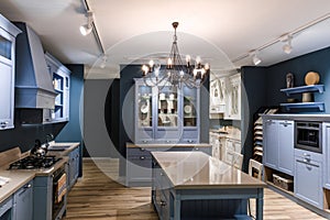 Interior of modern kitchen in blue tones