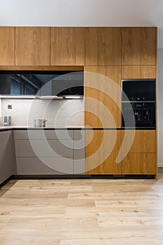 Interior of modern kitchen with built in appliances