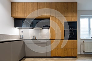 Interior of modern kitchen with built in appliances