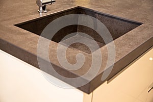 Interior of modern kitchen and ceramic sink and tap