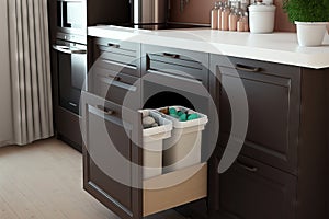 Interior of modern kitchen counters with open drawers and garbage can