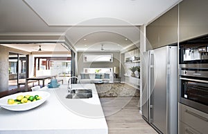 Interior of a modern kitchen and dining room