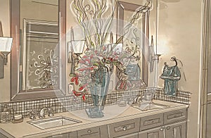 Interior of a modern kitchen, drawing by oil on canvas.