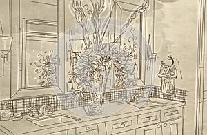 Interior of a modern kitchen, drawing by oil on canvas.