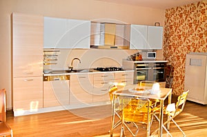 Interior of modern kitchen equipment, white and oak cabinets