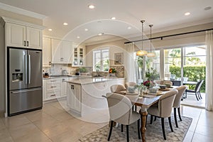 Interior of modern comfortable kitchen with fridge, counter, and dining table