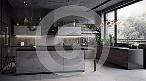 Interior of modern kitchen with gray walls, concrete floor, gray countertops and wooden cupboards