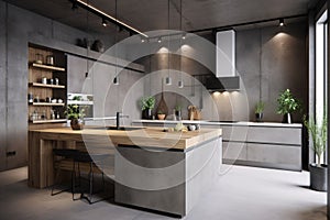 Interior of modern kitchen with gray walls, concrete floor, gray countertops and wooden cupboards