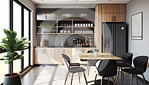 Interior of modern kitchen with gray walls, concrete floor, wooden cupboards, black and wooden bar with stools. 3d rendering