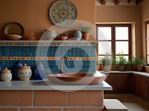 Interior of a modern kitchen of Mediterranean style with ceramic sink and washbasin