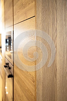 Interior of modern kitchen, oak cabinets corner