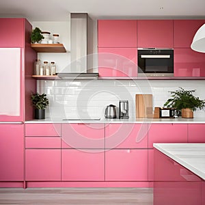 Interior of a modern kitchen with pink cabinets