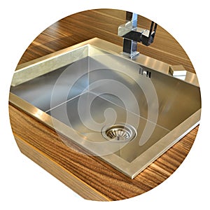 Interior of modern kitchen and stainless steel sink, tap and drain