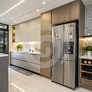 Interior of modern kitchen with stylish refrigerator