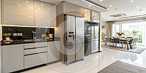 Interior of modern kitchen with stylish refrigerator