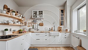 Interior of modern kitchen with white counters, door and peg boards