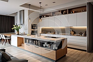Interior of modern kitchen with white counters and stylish rug