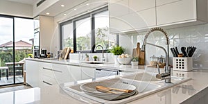 Interior of modern kitchen with white counters, utensils and sink