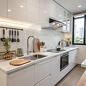 Interior of modern kitchen with white counters, utensils and sink