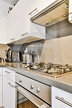 Interior of modern kitchen with white furniture