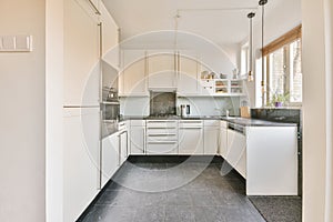 Interior of modern kitchen with white furniture