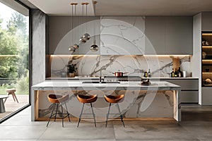 Interior of modern kitchen with white marble walls, concrete floor, gray countertops, modern, generative ai