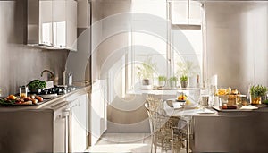 Interior of modern kitchen with white walls and concrete floor