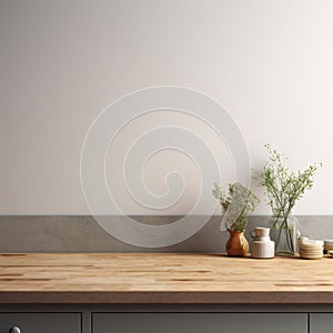 Interior of modern kitchen with white walls, concrete floor, gray countertops and wooden cupboards. 3d render